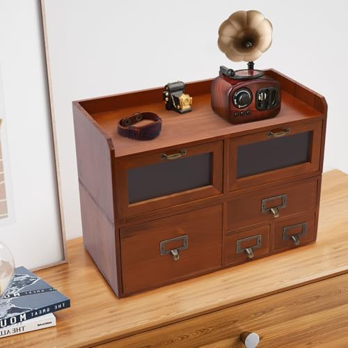 Desktop Organizer with Drawers, 6-Drawer Vintage Wood Desk Organizer with Acrylic Doors, Tabletop Storage Cabinet for Office Supplies, Cosmetics, Jewelry - Compact Design, Fully Assembled(6 Drawer) - Image 5