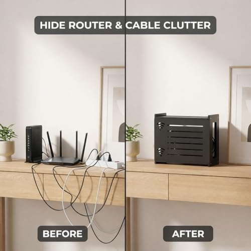 Router Box Hider, Router Shelf WiFi Box Hider, Wooden WiFi Storage Cabinet with Sliding Panel, Vented Back, Cable Management, Modem Cover, Cords & Power Strip, Wall Mount or Tabletop (Black) - Image 2