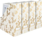 BLU MONACO | Set of 4 Foldable Magazine Storage Boxes with Gold Floral Pattern | Decorative Vertical File Organizers with Gold Label Holders for Desk, Shelves & Home Office by Blu_Monaco