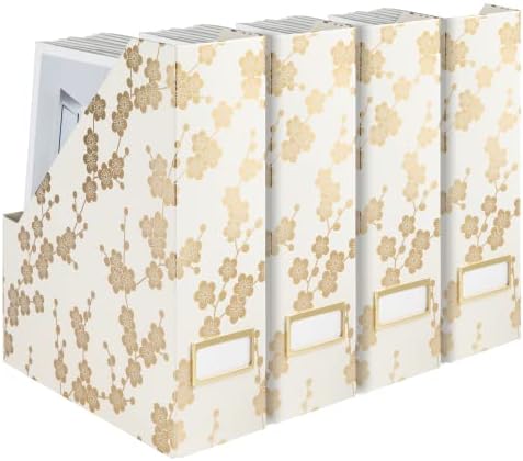 BLU MONACO | Set of 4 Foldable Magazine Storage Boxes with Gold Floral Pattern | Decorative Vertical File Organizers with Gold Label Holders for Desk, Shelves & Home Office by Blu_Monaco