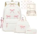 Backpack for Girls with Bento Box - 4PCS Bow Girls Backpack with Lunch Box, Pencil Case & Bento Box Set - 43oz Leakproof Lunch Box Kids Snack Containers Back to School Supplies (Beige Pink) by Unknown