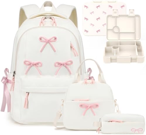 Backpack for Girls with Bento Box - 4PCS Bow Girls Backpack with Lunch Box, Pencil Case & Bento Box Set - 43oz Leakproof Lunch Box Kids Snack Containers Back to School Supplies (Beige Pink) by Unknown