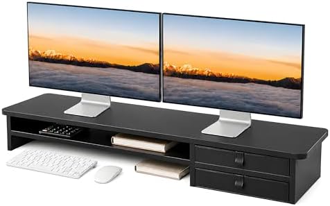 Dual Monitor Stand, 42.5 Inch Wood Monitor Riser with Drawers, 2 Tier Desktop Organizer for Computer Laptop TV, Large Screen Stand for Home Office Desk by ExaDesk