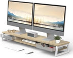 Fenge Dual Monitor Stand Riser, 42.5in Desk Shelf with 2 Drawers, Oak by Fenge