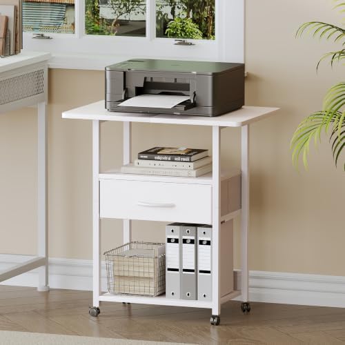 Printer Stand, 3-Tier Printer Table with Fabric Drawer, File Cabinet with Wheels for Home Office Fax Machine Scanner, White - Image 2