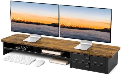 Dual Monitor Stand, 42.5 Inch Wood Monitor Riser with Drawers, 2 Tier Desktop Organizer for Computer Laptop TV, Large Screen Stand for Home Office Desk by ExaDesk