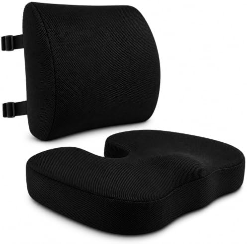 2-in-1 Memory Foam Seat Cushion & Lumbar Support Set | Ergonomic Office Chair Cushion for Tailbone, Sciatica & Help Back Pain Relief | Non-Slip Coccyx Pad, Washable Cover, Adjustable Strap by Unknown
