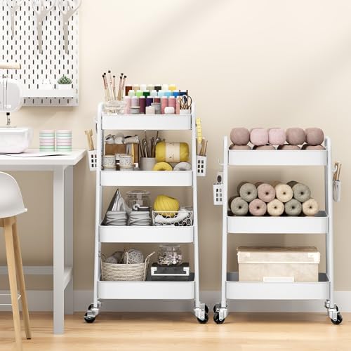 TOOLF 4 Tier Rolling Cart, Metal Utility Storage Cart with Pegboard, White - Image 2