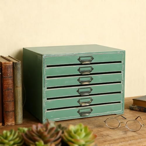 Vintage Wooden Storage Box with 6 Drawers Desktop Organizer Cabinet Rustic Farmhouse Distressed Decor Jewelry Cosmetics Craft Paper Small Tool Library Card Catalog Cabinet for Home Office Desk Green - Image 7