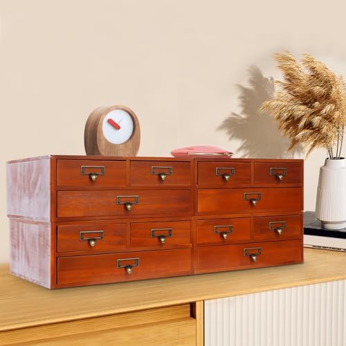 4-Pack Wooden Storage Box with 3 Drawers, Vintage Desktop Organizer Apothecary Cabinet Stackable Drawers with Label Holders for Herb Storage, Tea Collection, Stationery - Image 5