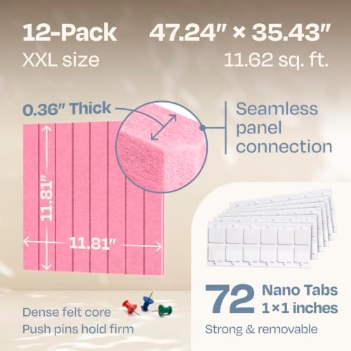 X-Large Cork Board Alternative 12-Pack Felt Bulletin Board Thick and Decorative Pin Board for Home Office Walls 47.24 x 35.43 Inches with 72 Adhesive Tabs - [Chic Pink] - Image 3