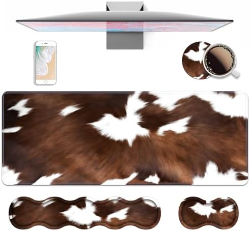 4 in 1 Ergonomic Keyboard Wrist Rest & Mouse Pad Wrist Rest Set, Large XXL Gaming Desk Mat 31.5"x 11.8" with Non-Slip Base, Memory Foam for Home Office Study Gaming, Brown Black Cow Print by Unknown