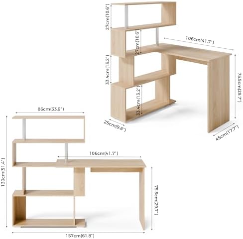Mondeer Corner Desk, L Shaped Desk with Rotatable Storage Shelves, Oak - Image 3