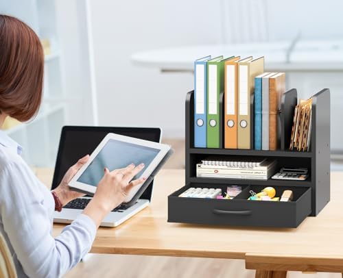 Desk File Organizer for Home, Office, School, Wooden Frame Desktop Storage Solution for Office Supplies, Documents, Papers, Folders and Stationery, Space-Saving and Stylish Document Sorter - Image 6