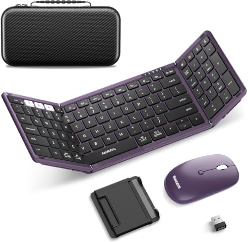 Foldable Keyboard and Mouse, Samsers Folding Bluetooth Keyboard Combo, 2.4G + BT5.0 x 2, Full-Size Portable Travel Keyboard & Rechargeable Wireless Mouse for Windows Android iOS Mac OS, Misty Purple by HOME