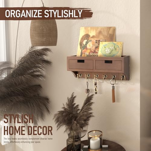 Rebee Vision Key Holder Wall Mount with Shelf for Entryway, Vintage Brown - Image 2