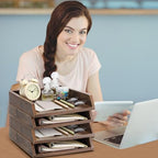 DoubleFill 4 Pcs Wooden Letter Tray 2 Tier Letter-Size Desk Tray, Dark Wood - Image 6
