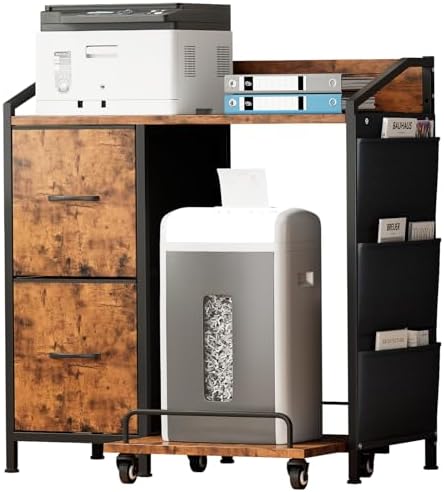 Printer Stand with Fabric Drawers, Lateral Office Filing Cabinets with Power outlets & USB Charging Port, File Cabinet with Large Printer Stands for Home Office, Shredder Stand (Rustic Brown) by Unknown