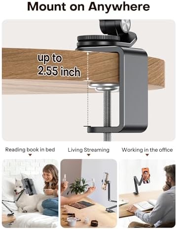 OMOTON GH03 Tablet Holder with 2 ABS Clamps, Aluminum Long Arm Mount, Black - Image 2