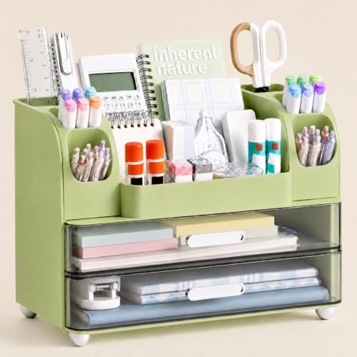 HBlife Desk Organizer with Pencil Pen Holder for Desk, Pen Organizer with 2 Drawers, Desk Organizers and Accessories with Compartments, Desktop Storage for Office, Home, School, Art Supplies, Green by HBlife