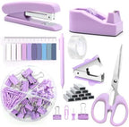 Office Supplies,Purple Desk Accessories,Stapler and Tape Dispenser Set for Women with Stapler,Tape Dispenser,Staple Remover,Staples,Clips,Scissors and Tabs,Gift for Student,Teacher,Coworkers,Business by musejoy