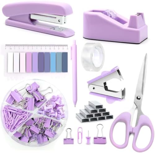 Office Supplies,Purple Desk Accessories,Stapler and Tape Dispenser Set for Women with Stapler,Tape Dispenser,Staple Remover,Staples,Clips,Scissors and Tabs,Gift for Student,Teacher,Coworkers,Business by musejoy