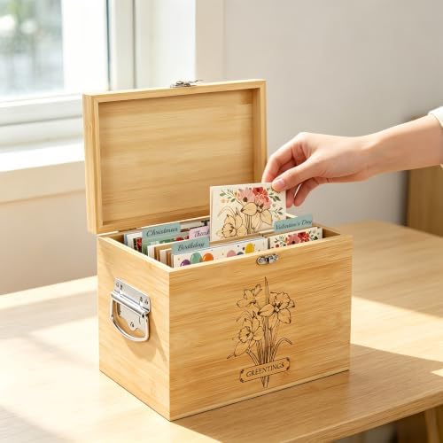 Bamboo Greeting Card Organizer Box with 20 Dividers, Card Box with Floral Laser Engraving & Metal Clasp, Storage for Birthday Christmas Wedding Graduation Valentine Thanksgiving Cards - Image 4