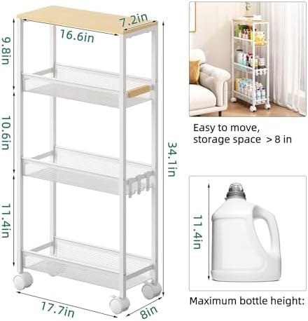 4-Tier Slim Utility Rolling Laundry Cart with Wheels, White - Image 5
