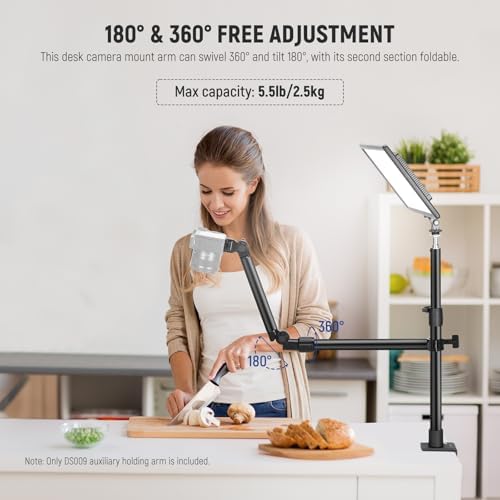 NEEWER Overhead Camera Mount Arm with Phone Clip, 22"/56cm 180°&360° 2 Section Flexible Holding Arm for Desk Stand, Fits 0.87"-1.1" Tube, 5.5lb/2.5kg Max Load for Camera LED Ring Light Mic, DS009 - Image 2