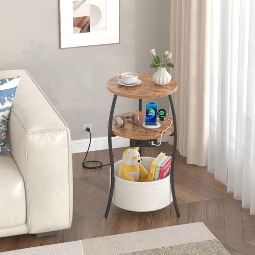sthemc 3-Tier Small Round End Table Livingroom with Charging Station,Basket - Image 2