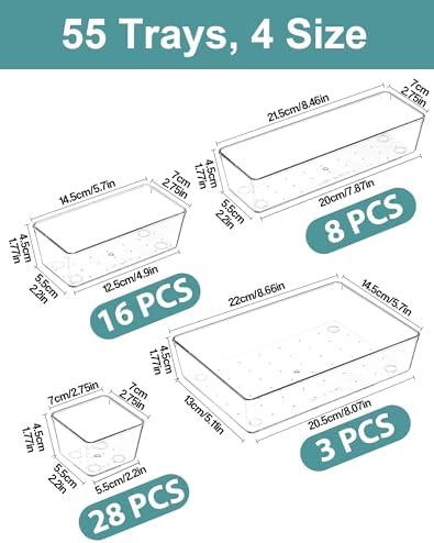 55Pcs Clear Plastic Drawer Organizers Set, 4size makeup drawer organizer trays for vanity,desk,bathroom,office,nightstand,gadgets for kitchen drawer, Versatile drawer divider storage bins - Image 2