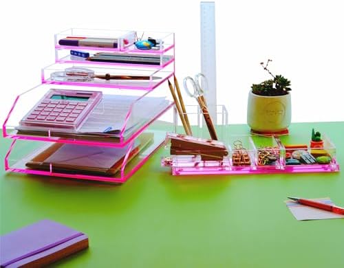 4-Piece Stackable Pink Acrylic Desk Organizer for Office or Home Desk Drawer Dividers, Makeup Vanity Storage Bins, Accessory Acrylic Tray/Half Accessory Tray/Small Tray - Image 6