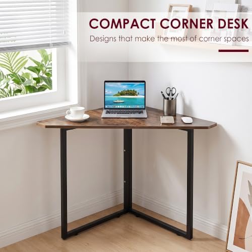 VECELO Corner Desk,Office Tables for Living Room for Small Space Triangle Computer Desk with Steel Frame Corner Shelves with Metal Frame Writing Desk for Workstation Classic Brown 30.7" - Image 4