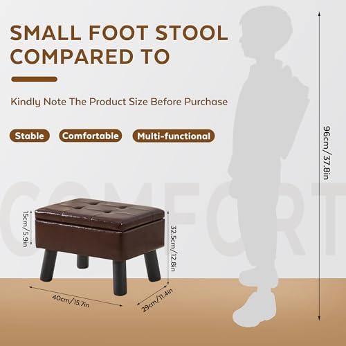 Storage Ottoman, Small Foot Stool Ottoman with Storage, Faux Leather Foot Rest with Wood Legs, Footstool for Living Room, Bedroom, Entryway, Brown - Image 2