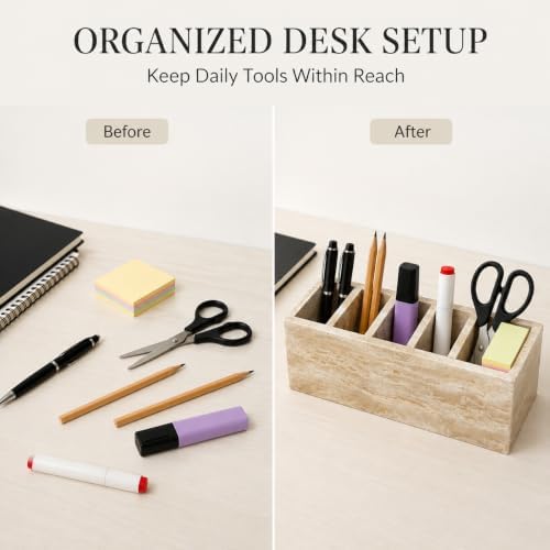 Travertine Desk Organizer, 5-Compartment Pen & Brush Holder - Image 4