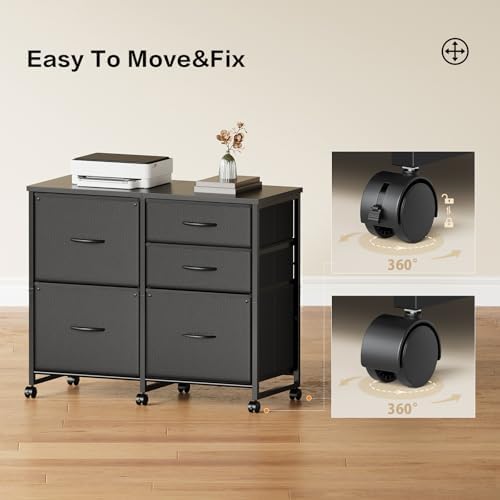 YeTom Lateral File Cabinet with 5 Drawers Rolling Filing Cabinets Under Desk Storage Printer Stand with Wheels,Mobile File Cabinet for Home Office,Black - Image 7