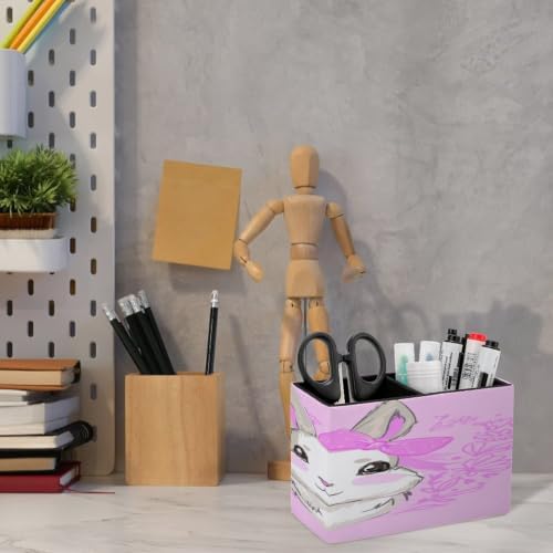 PU Leather Multi-Compartment Pen Holder Desktop Organizer Pencil Cup Storage Caddy for Office Home Supplies Hand Drawn Vector Rabbit Cute Bunny Rabbit with Bow Cute - Image 6