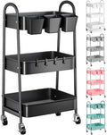 3 Tier Metal Rolling Cart with Lockable Wheels,Black Three Tiered Art Carts by Recximi