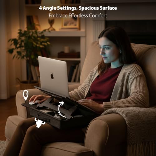 Vigo Wood Laptop Stand with Cushion and Adjustable Incline, Work Desk with Storage and Mousepad Drawer (Cambridge-Black) - Image 2