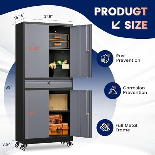 Yizosh Metal Garage Storage Cabinet with Locking Doors and Adjustable Shelves, -73" Steel Rolling Tool Storage Cabinet with 4 Wheels and 1 Drawer for Garage,Office,Warehouse - Image 3