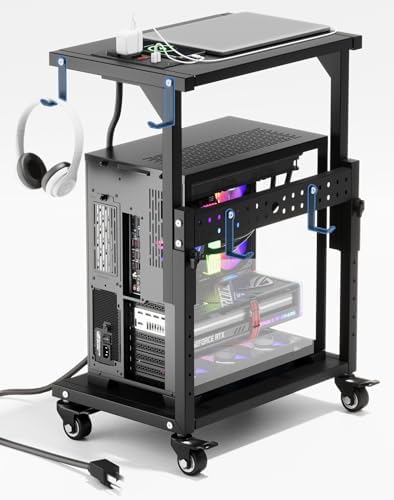 Computer Tower Stand with Power Outlet, 6 Level Height Ajustable PC Tower Stand for Floor, Mobile Rolling CPU Holder Cart for Gaming, Office, Home, 21.34"-28.3", Black by Unknown