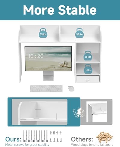 LAND·VOI Desktop Bookshelf with Drawer, Desk Hutch with 4 Storage Shelves for Computer Desk, Desk Shelf for Home Office Dorm, Dressing Tabletop, Bar Countertop, White - Image 4