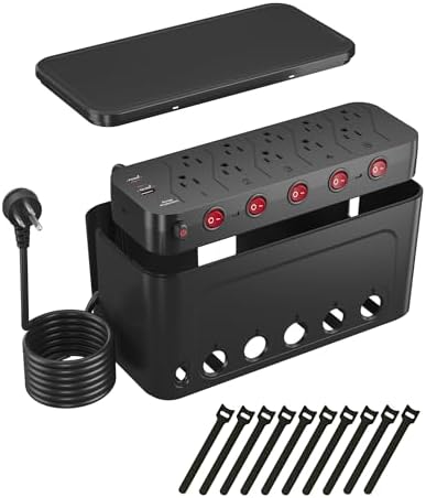 Power Strip with Cable Management Box, Large Cable Organizer Box, Black by HoniHom