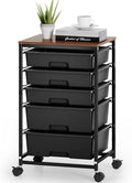 SYKIARIOL 5-Tier Rolling Cart with Drawers with Wooden Top, Black by SYKIARIOL