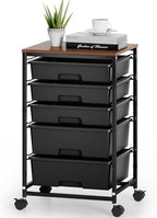SYKIARIOL 5-Tier Rolling Cart with Drawers with Wooden Top, Black by SYKIARIOL