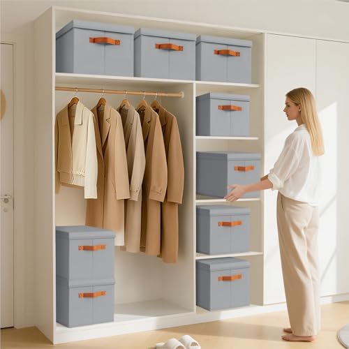 Homsorout Storage Bins with Lids - Large Fabric Closet Bins with Lid, 8 Pack Clothes Organizers and Storage, Collapsible Stackable Cube Basket for Home, Office, Dorm, Grey - Image 2
