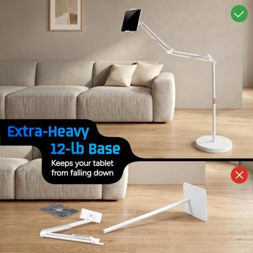 Tablet Floor Stand, 12lb Weighted Base, Tray & Phone Holder, White - Image 4