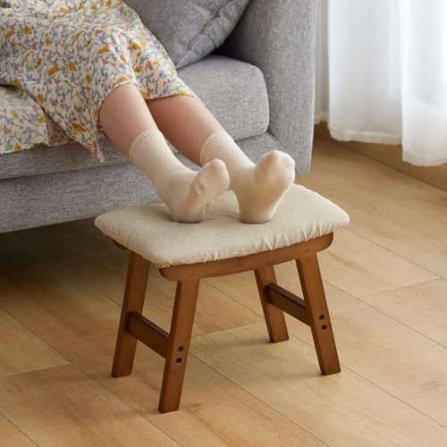 Foot Stool Ottoman Foot Rest Under Desk,Small Stool for Living Room, Bedroom and Kitchen (Brown Legs - Beige Stool Surface) by Furshus