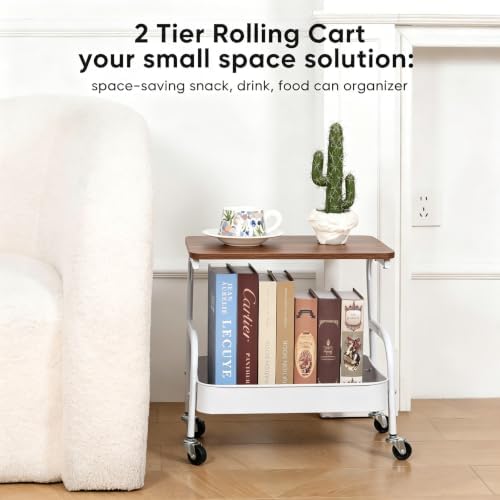 Under Desk Printer Stand with Storage 2 Tier Rolling Printer Cart with Wheels, Mobile Short Under Shelf Storage Small Rolling Table Cart for Home Office, White - Image 5