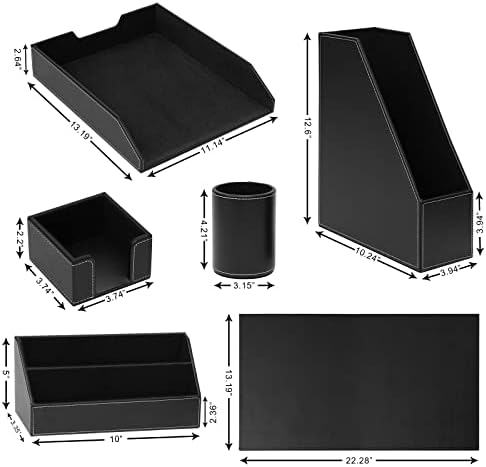 Office Supplies PU Leather 6-Piece Set Desk Organizer,Include Writing Pad,Letter Tray,file folder Sorter/Magazine Holder,Pen Cup,Note Holder,Business Card Holder,Man/Woman Office Gift,Black - Image 2